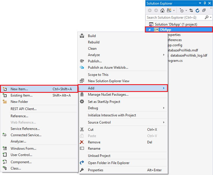 Přidání databáze do projektu ve Visual Studio - MS-SQL databáze krok za krokem