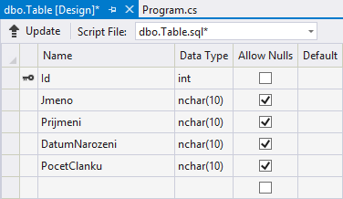 Sloupce v nové tabulce ve Visual Studio - MS-SQL databáze krok za krokem