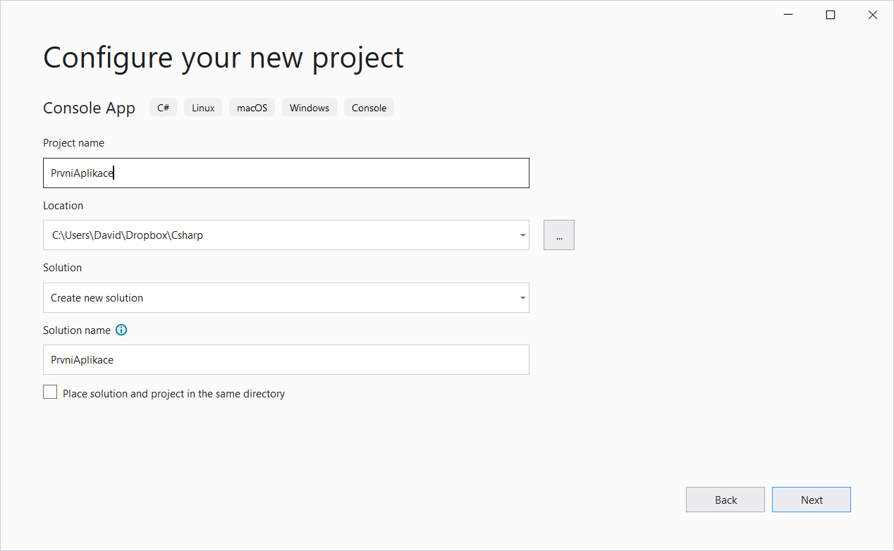 Visual Studio – Configure your new project - Základní konstrukce jazyka C# .NET