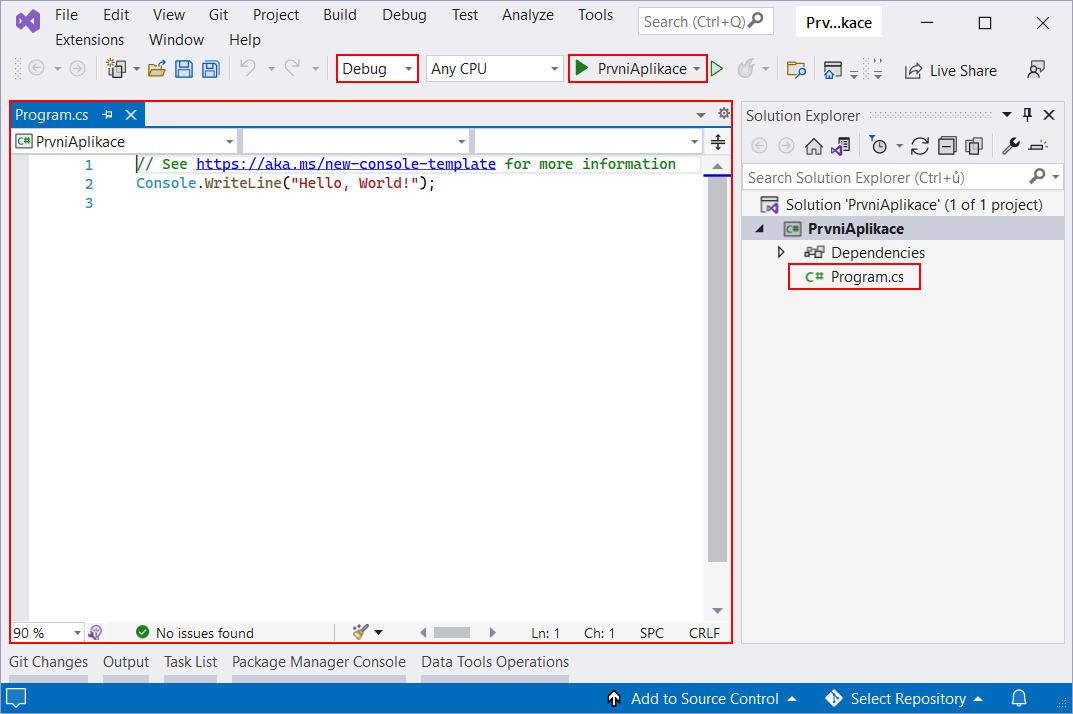 Okno Visual Studia - Základní konstrukce jazyka C# .NET