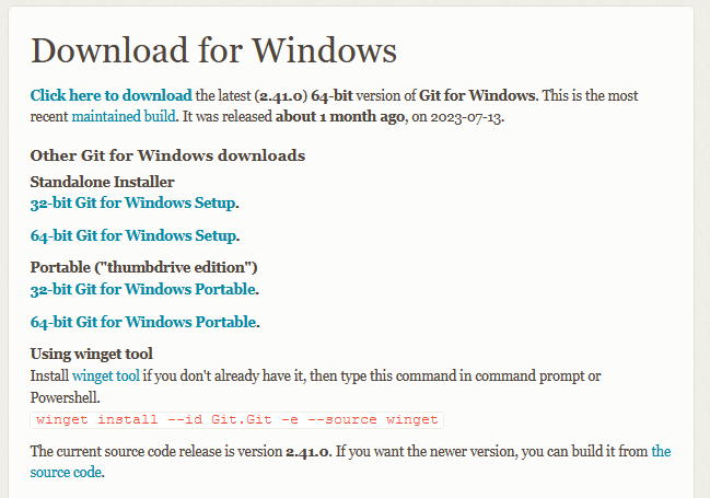 Stránka pro stáhnutí instalátoru pro Windows - Git