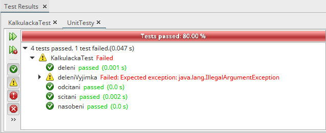 Neúspěšný výsledek testů v NetBeans