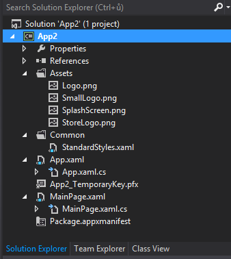 Solution explorer – Blank page - Windows 10 aplikace v C# .NET