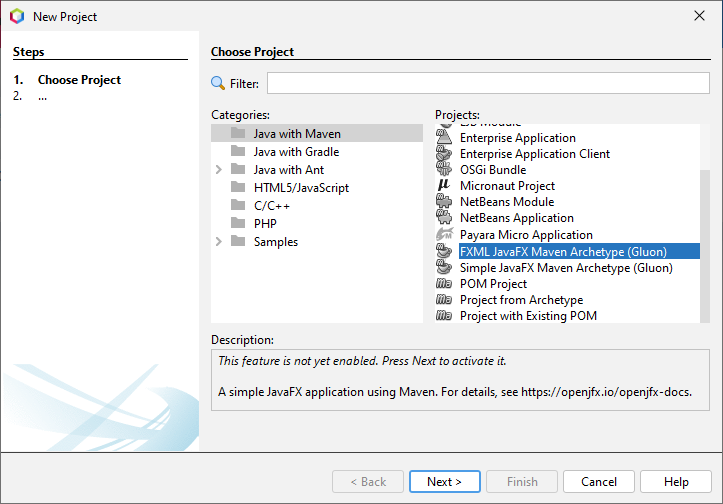 Výběr typu projektu - Java FX - Okenní aplikace